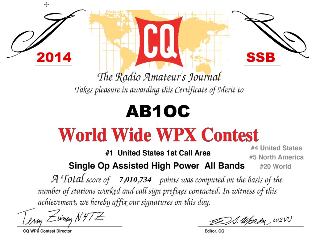 CQ World Wide WPX Contest Certificate